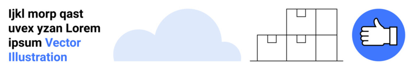 Data storage, logistics management, e-commerce, cloud computing, delivery services, feedback systems. Outline of boxes, a cloud and a thumbs-up symbol. Data storage and logistics management concept