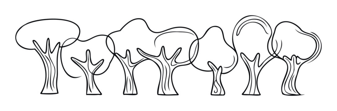 Minimalist outline drawing of varied trees in a row, perfect for naturethemed projects and environmental awareness campaigns. - Powered by Adobe