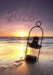 candlelight at the beach with flying birds in shape of 2026