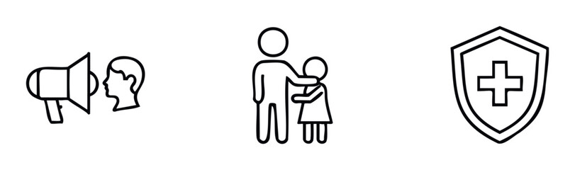 Obraz premium Symbol set with megaphone announcement people family connection and medical shield protection for communication safety and health care concepts applicable in healthcare public awareness