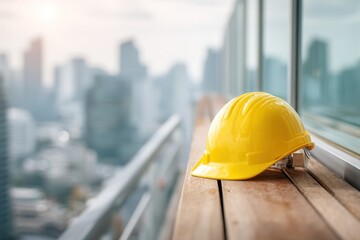 Yellow safety helmet on a wooden surface against cityscape background