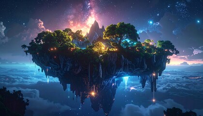 Floating island paradise beneath a starlit sky, illuminated with soft, warm lights and shrouded in swirling clouds