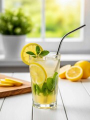 Fresh Lemonade with Mint and Ice on White Table