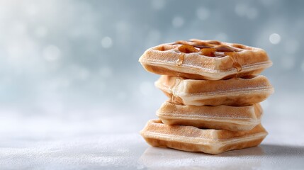 Stack of Delicious Golden Waffles Drizzled with Syrup on a Soft Background Perfect for Breakfast or Dessert Settings in Food Photography