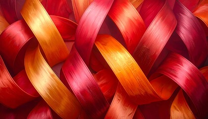 Vibrant abstract of interwoven flowing silk ribbons in warm hues of red, orange, and pink