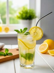 Fresh Lemonade with Mint and Ice on White Table