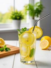 Fresh Lemonade with Mint and Ice on White Table
