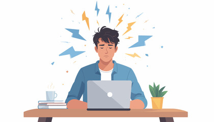 Anxious young man overwhelmed with stress while working on his laptop, depicted with lightning bolts emanating from his head
