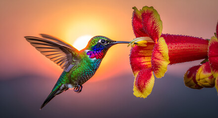 Vibrant Hummingbird Feeding from a Red and Yellow Flower at Sunset