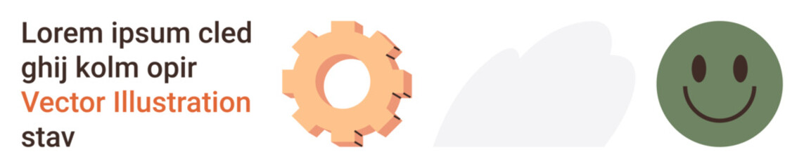 Technology concepts, web design, positivity, creativity, cloud storage, innovation. A gear, a cloud and a happy face with placeholder text. Technology concepts and web design