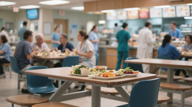 A hospital cafeteria with tables and healthy food options, capturing the lively atmosphere with a blurred background of patients and staff enjoying meals