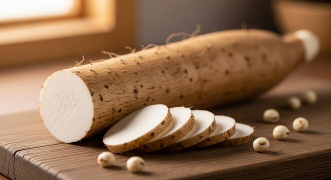 Fresh whole and sliced yam on a wooden cutting board in a brightly lit kitchen setting, healthy root vegetable