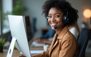 Office, customer service and black woman on computer for contact us, crm support and consulting. Call center, professional and business person with headset for communication, advice and feedback