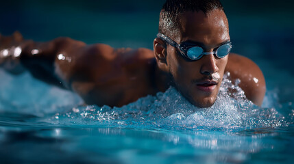 Underwater view focused, male swimmer mid-stroke, indoor pool dramatic, lighting elite sports, triathlon endurance motion, discipline professional training, aquatic excellence disp