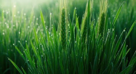 Obraz premium Close-up of fresh green grass field with morning dew drops and sunlight, vibrant nature background