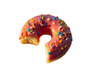 Pink frosted donut with colorful sprinkles with bite missing isolated on white background