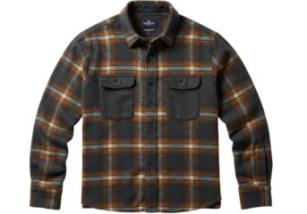Men's rustic plaid flannel shirt flat lay on a transparent background, showcasing heavy brushed cotton texture, detailed stitching, and soft shadows concept of luxurious autumn apparel