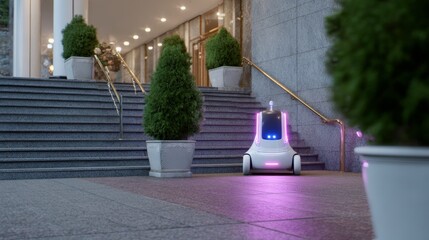 Autonomous delivery robot approaching building entrance for urban delivery solutions
