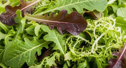 Fresh mixed salad greens with water droplets, vibrant and healthy, a close-up of organic produce for a balanced diet