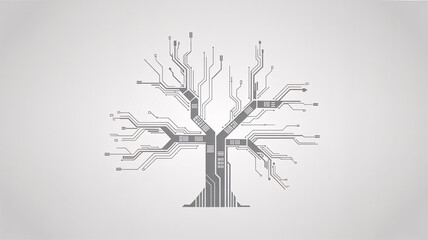 Digital tree illustration circuit board branches and roots representing technology and growth isolated on a light background