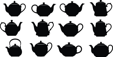 Teapot silhouette set, black vector icons, vintage kettle shapes, tea pot design, spout handle lid, isolated kitchen graphic