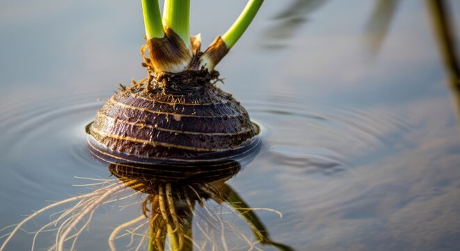 Vibrant close-up of a taro plant corm and roots partially submerged in calm water with ripples.