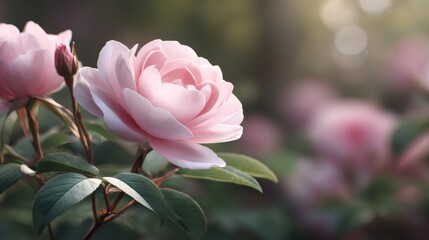 Beautiful Soft Pink Rose with Delicate Petals in a Lush Garden Setting Bathed in Gentle Natural Light During Early Morning Hours