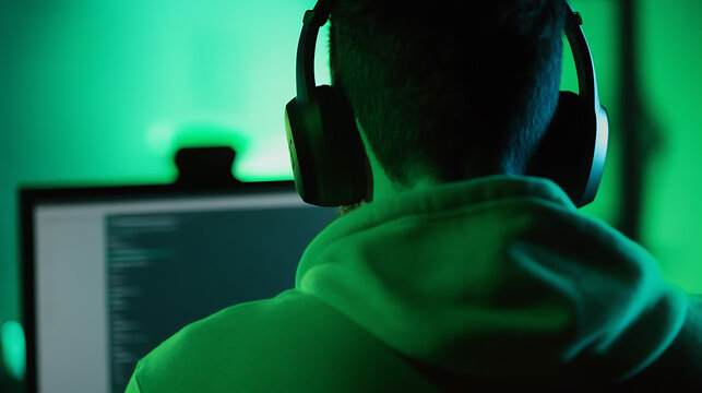 A person with headphones on working at a computer in a dimly lit room with a green background. Intense focus, deep concentration. The essence of modern tech, immersive digital experience.