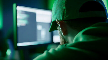 Man in green hoodie and cap coding at a glowing computer screen in a dark room. Focused on solving complex problems, with green lighting enhancing the tech atmosphere.