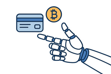 Robotic hand pointing at digital payment options like credit card and cryptocurrency