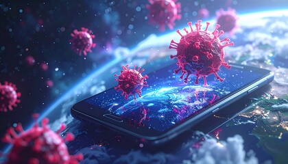 Microbes surrounding a phone sitting on a planetary surface with a hazy atmosphere