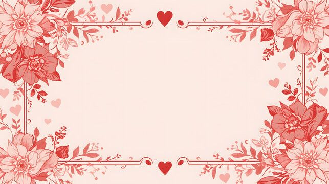 Cadre fleurs roses lignes ornementales c&oelig;urs filigrane elegant romantique