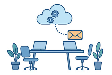 Cloud computing service concept showing workspace, data synchronization, and remote work