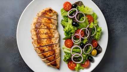 grilled chicken breast with golden char and fresh mixed salad on white plate over dark stone background in modern food photography