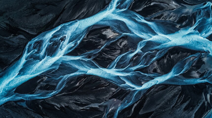 Abstract aerial pattern of braided glacial river channels in electric blue over dark volcanic sand, natural texture background and Earth science concept, generative AI