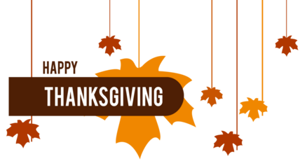 Happy thanksgiving greeting with hanging autumn leaves and festive decorations on a dark background celebrating the holiday season