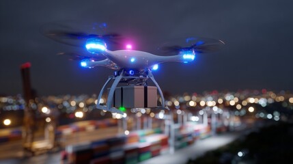 Delivery drone flying over logistics hub at night with city lights in the background