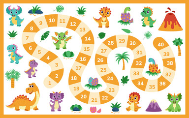 Step by step board game. Maze puzzle of fantasy board games for kids. Dinosaurs concept. Template of strategy boardgame for children.