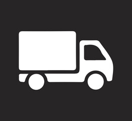 Delivery Truck icon. White  truck icon isolated on black ackground. Express delivery trucks icon. Cargo vehicle and transportation symbols for logistics, shipping services, and freight.