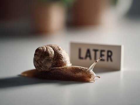 A snail moving on a flat surface with a sign behind it displaying the word &ldquo;LATER&rdquo;. The slow movement paired with the message represents delayed tasks and procrastination