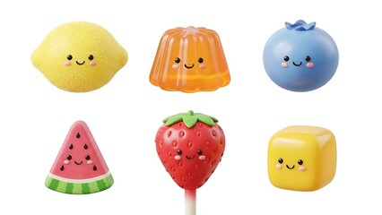 Cartoon fruits collection with happy faces on white background