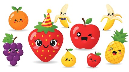 Cartoon fruits collection with happy faces and cute expressions