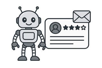 Fototapeta premium Friendly customer service robot providing feedback or review rating on a user profile card