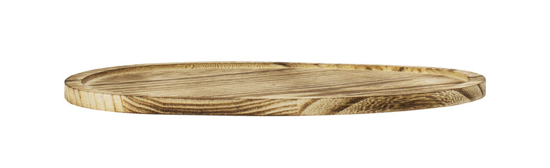 Wooden round plate with selective focus isolated on white or transparent background. Profile view.