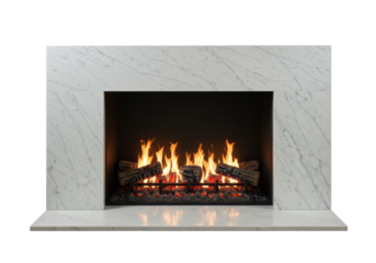 Highly detailed modern fireplace with polished white carrera marble and realistic logs, featuring dynamic flames against a transparent studio background with copy space. Concept of elemental luxury