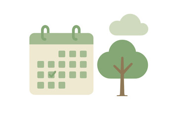 Calendar with checkmark symbolizing scheduled event or task completion next to a stylized tree and cloud
