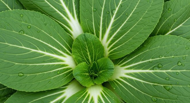 Close up photograph of vibrant, fresh green bok choy leaves covered in delicate water droplets, showcasing healthy organic growth in a natural garden