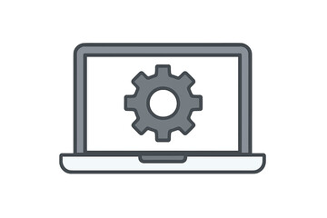 Laptop computer screen displaying a large gray gear icon symbolizing settings or configuration