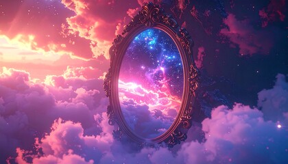 Ornate mirror reflects a starry cosmos, framed by fluffy pink and purple clouds against a vibrant sunset sky
