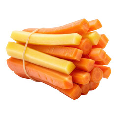 Orange carrots and yellow parsnips cut into sticks tied with rubber band vegetable